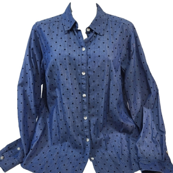 Croft & Burrow Blue and Black Polka Dot Long Sleeve Button Up Blouse - Picture 1 of 9